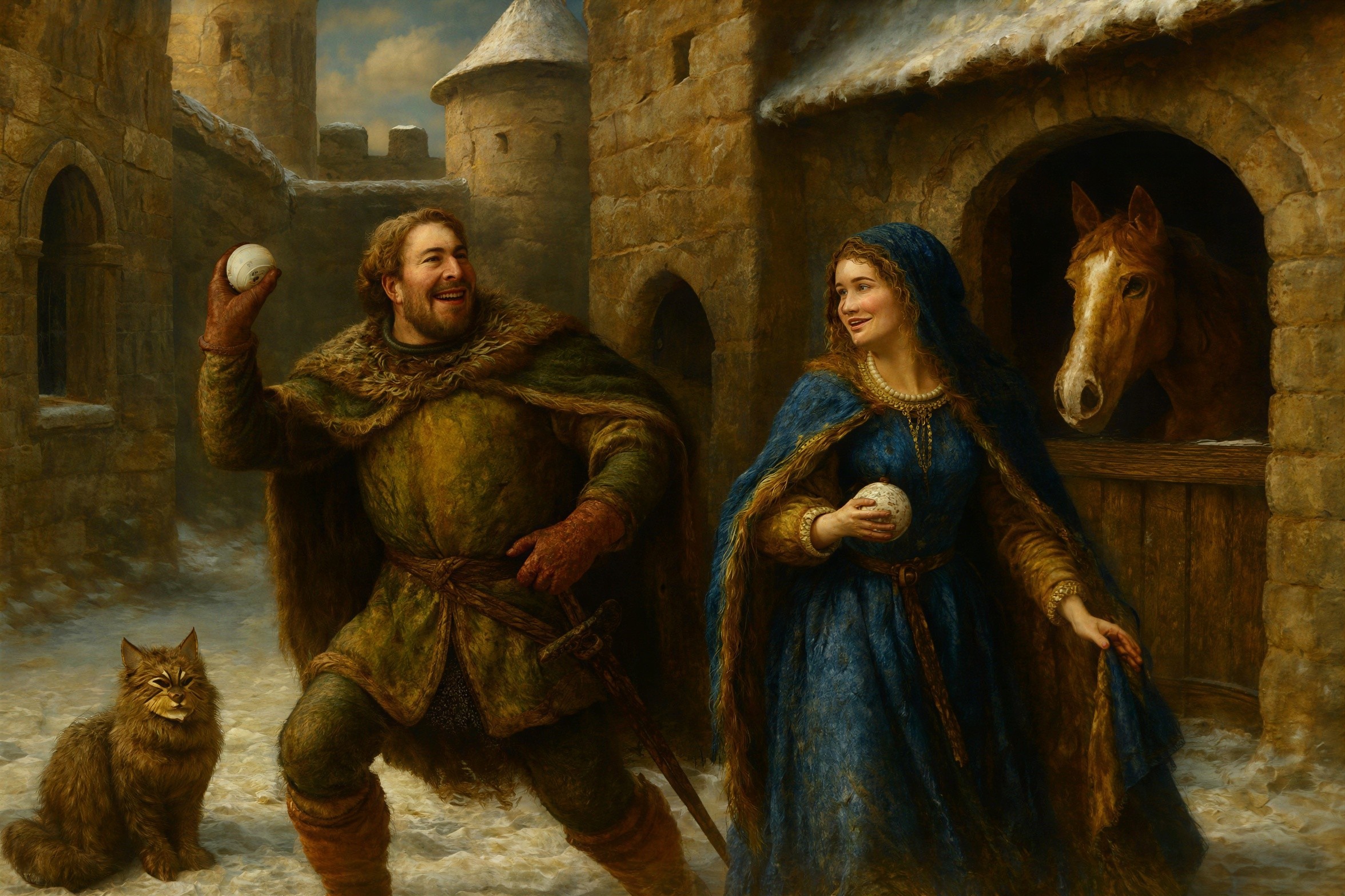 Romantic Realism Oil Painting of Snowball Fight Scene