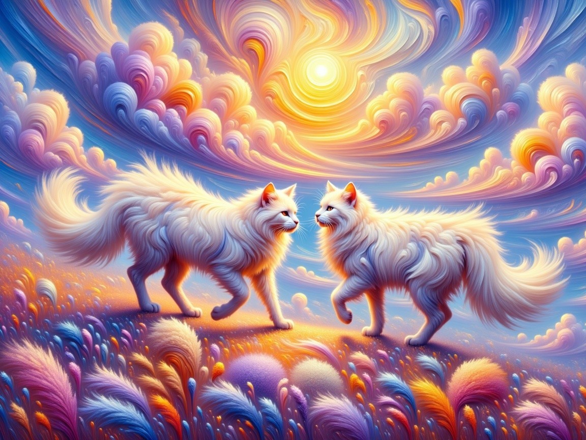 Fluffy white foxes in a vibrant sunset landscape