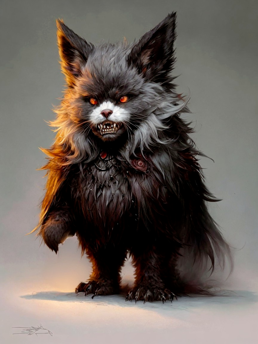 Feline-Wolf Hybrid Creature with Dark Shaggy Fur