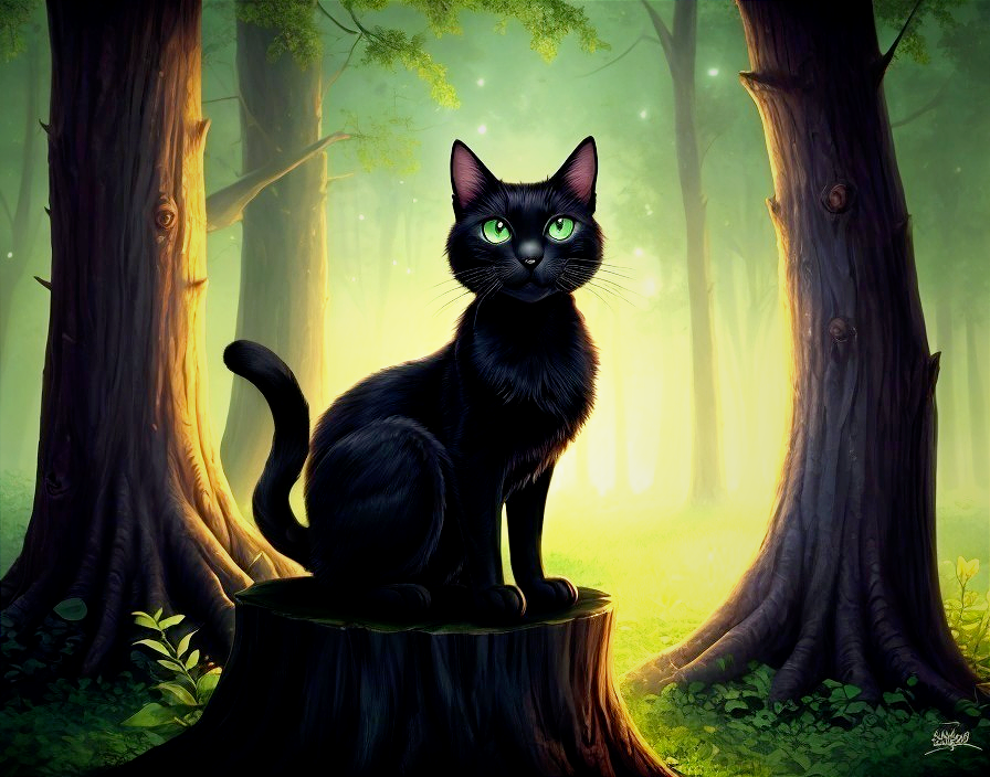 Mysterious Black Cat in the Forest