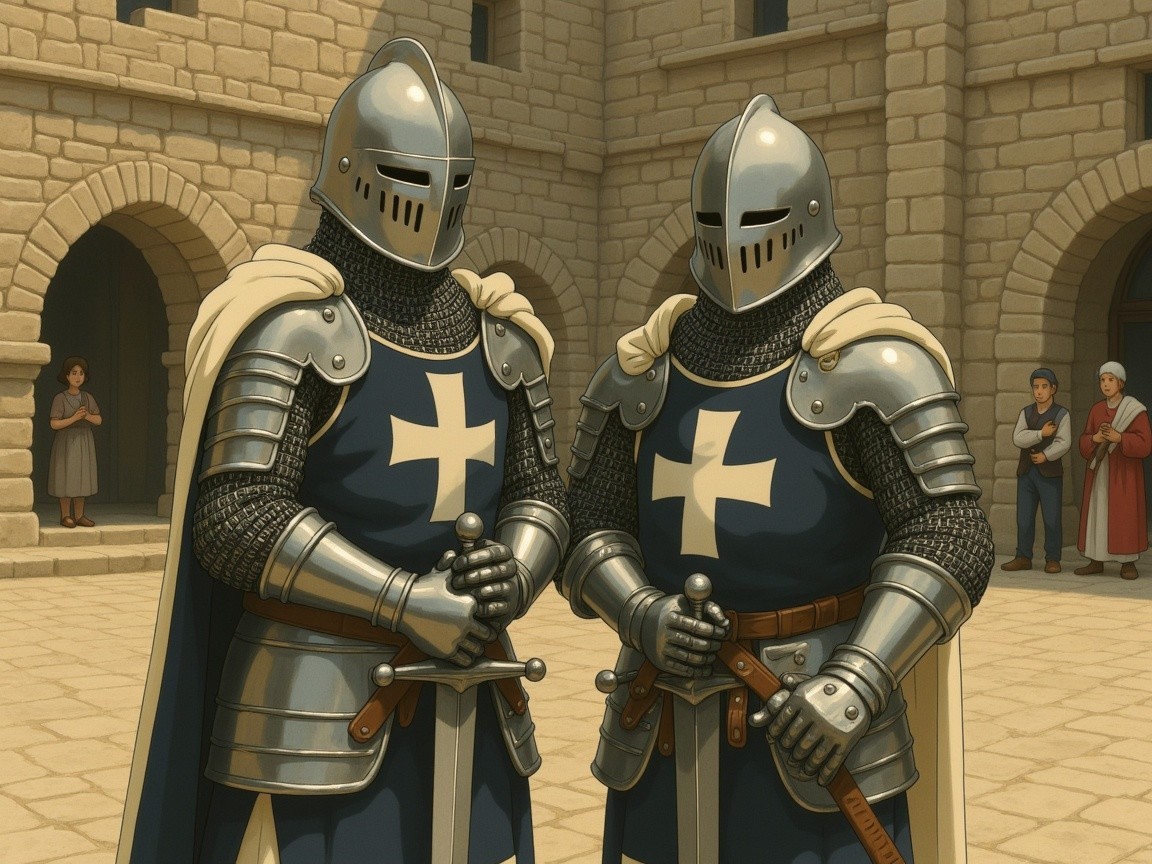 Knights in Armor in Medieval Courtyard Setting