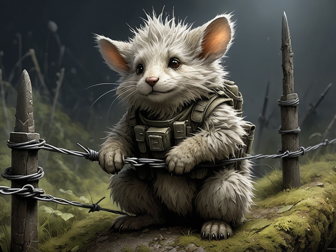 Fluffy Creature in Tactical Vest Near Barbed Wire Fence