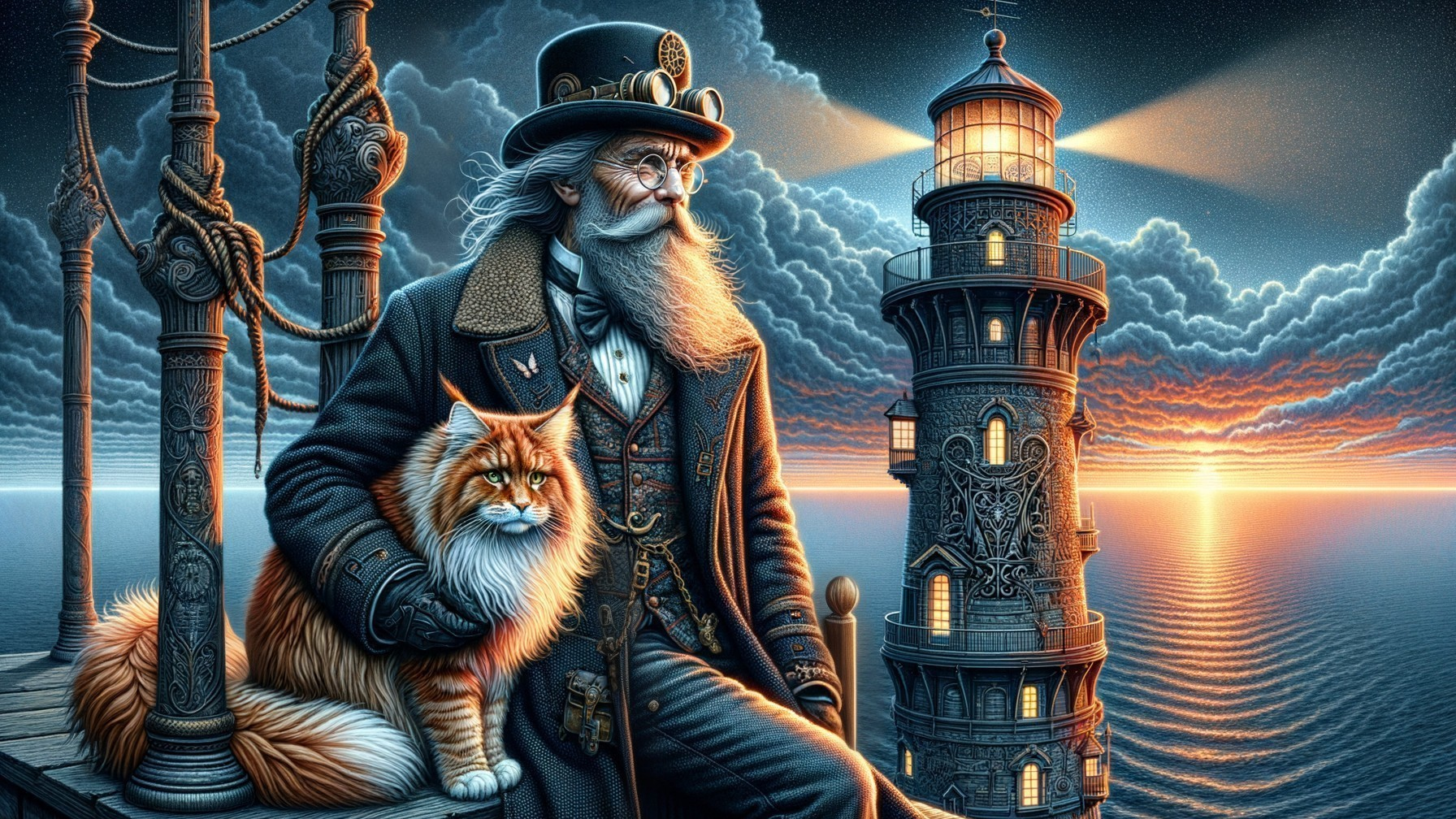 Steampunk Man and Cat on Lighthouse Balcony at Sunset