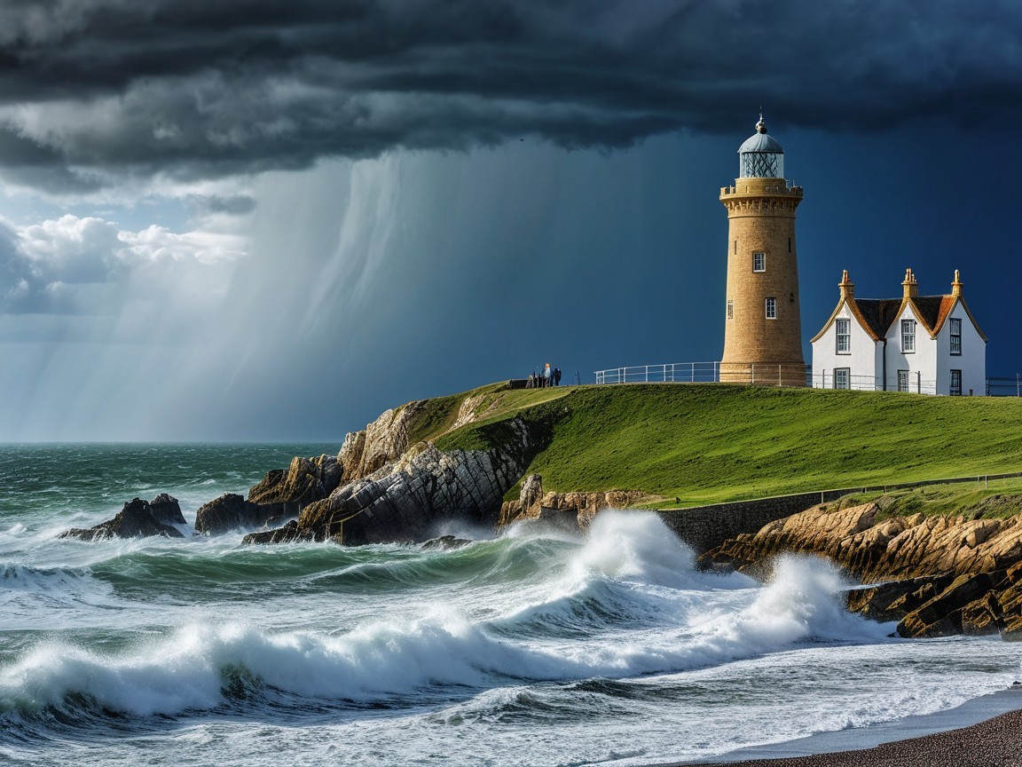 Lighthouse on Cliff Overlooking Stormy Sea Landscape