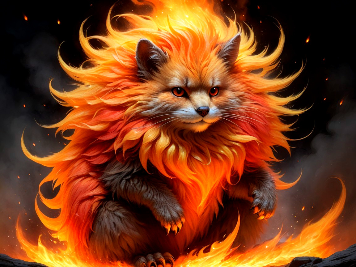 Mythical Cat-Like Creature Surrounded by Flames