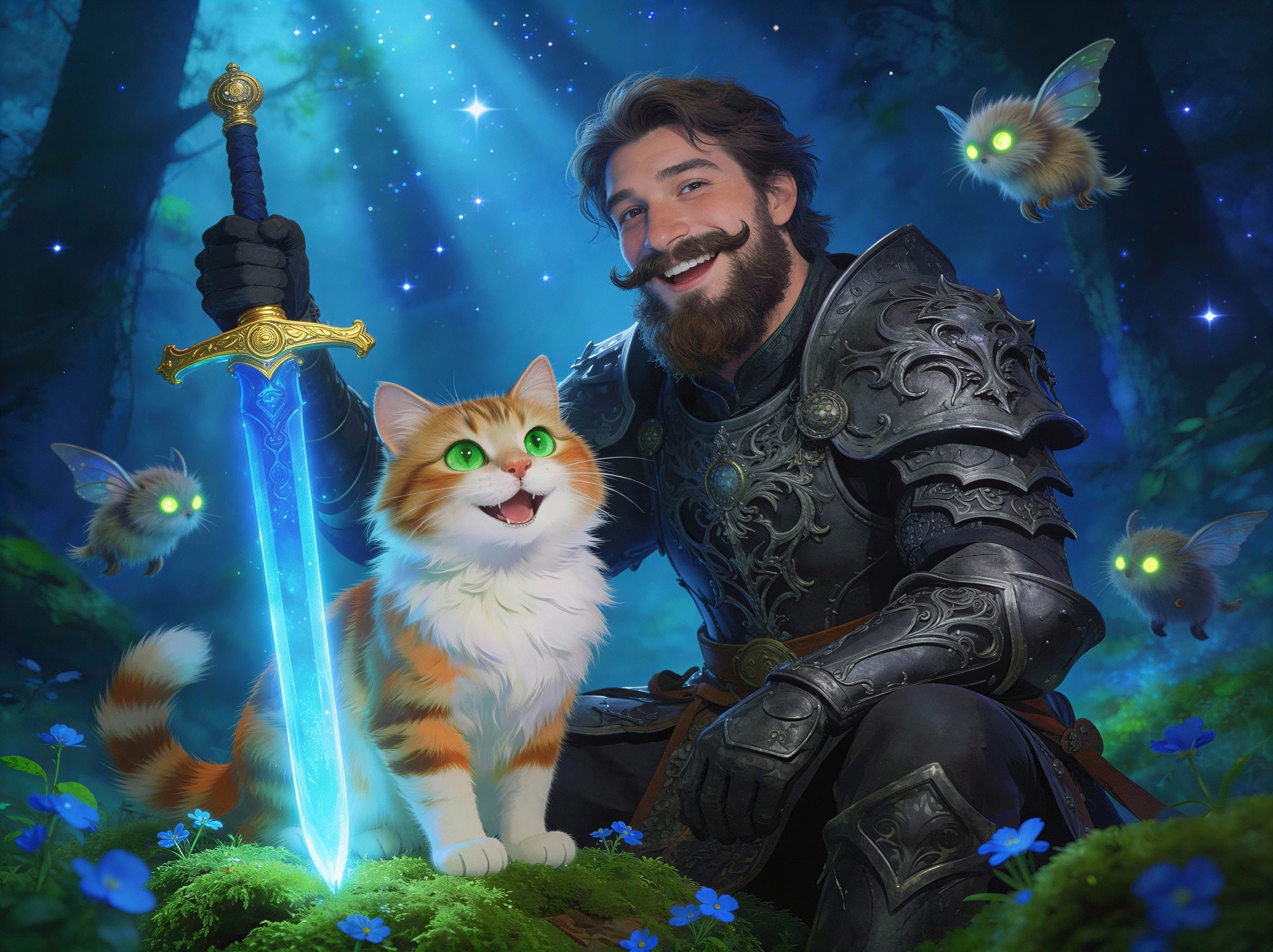 Knight in Black Armor with Cat and Bug-like Creatures