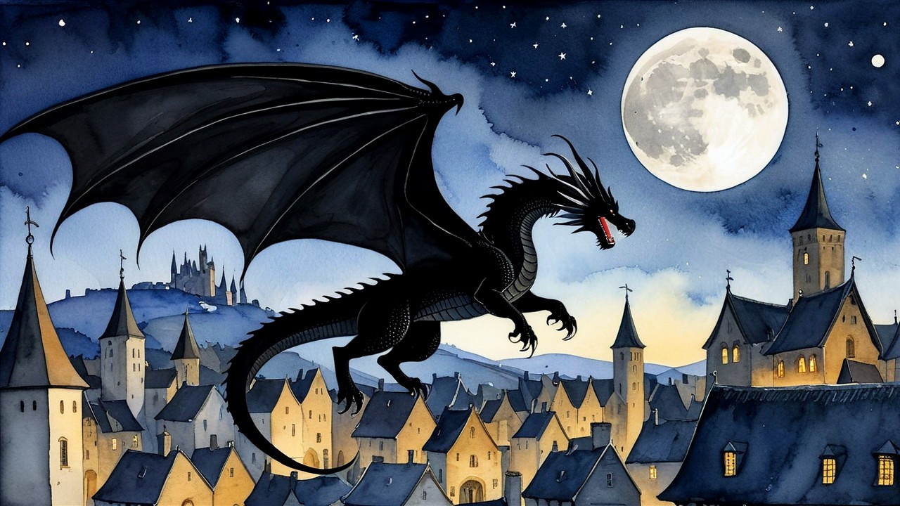 Black Dragon Over Medieval Village at Twilight