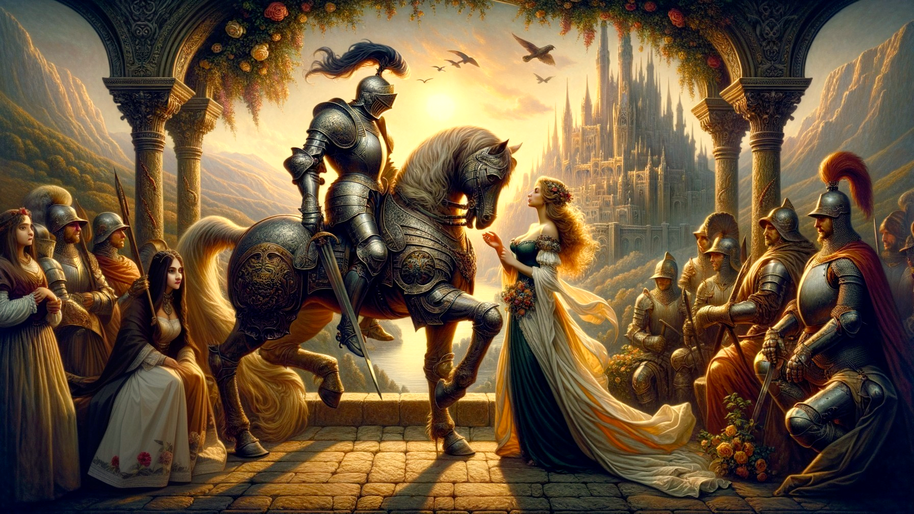 Noble knight and lady under floral arch by castle