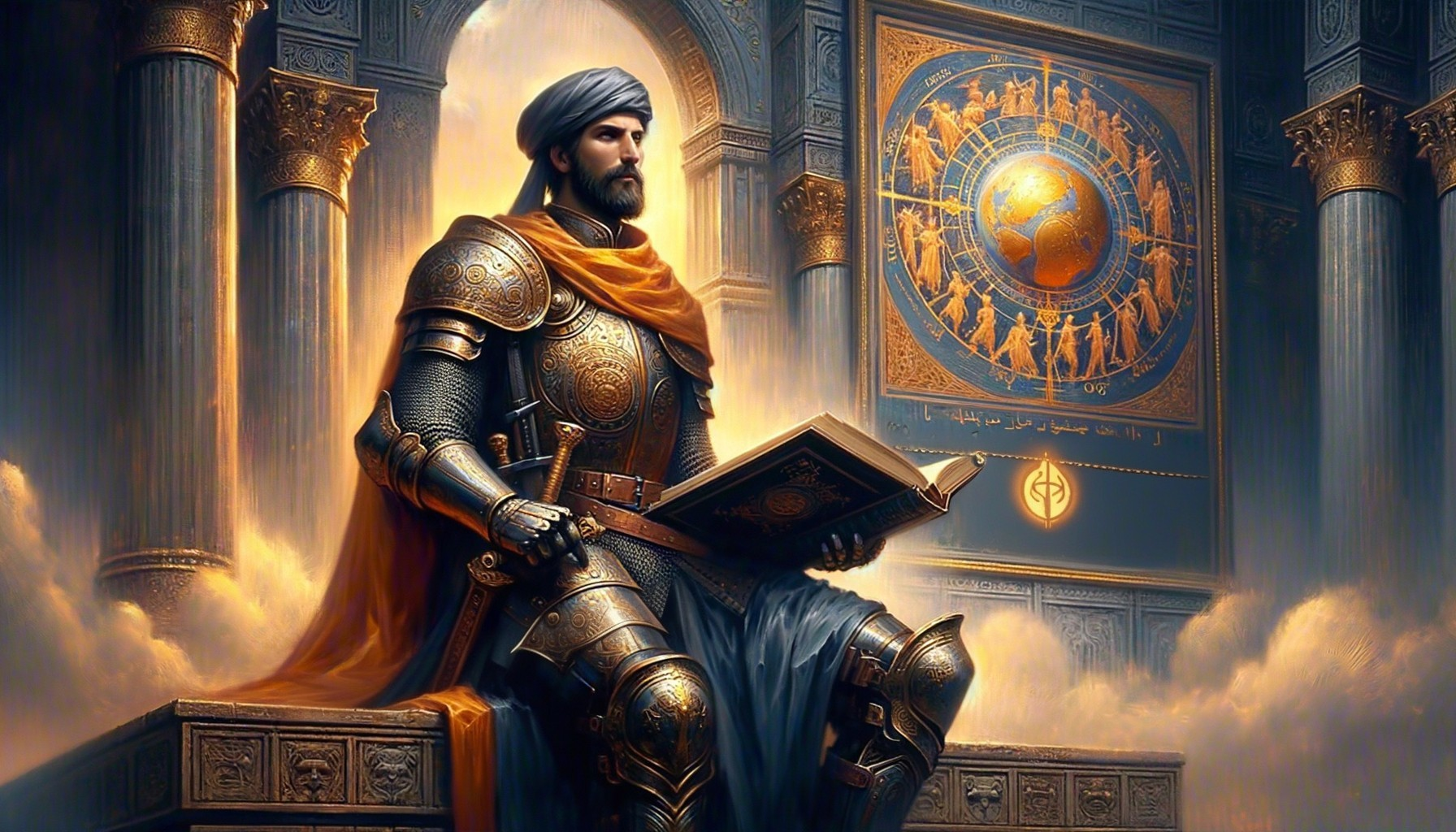 Regal warrior in ornate armor with book and astral clock in grand hall