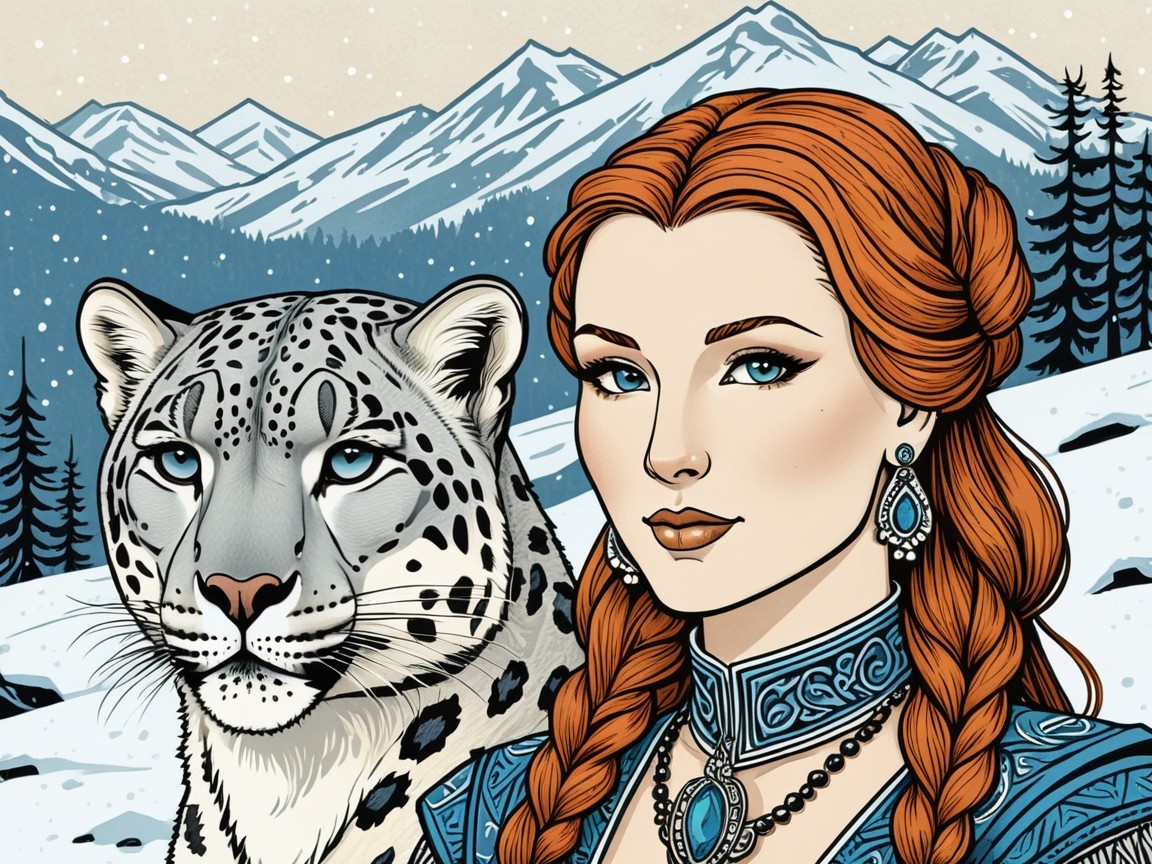 Illustration of Woman with Red Hair and Snow Leopard