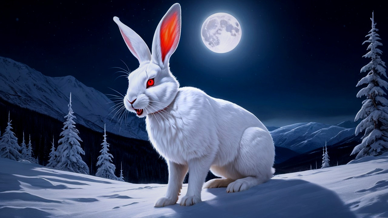 White Rabbit with Red Eyes in Snowy Moonlit Scene