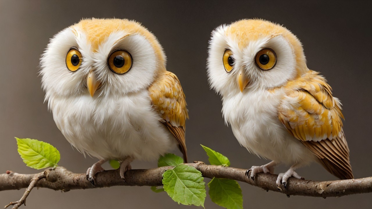 Small Owls with Fluffy White Feathers on a Branch