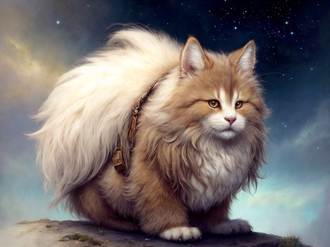 Fluffy Cat with Creamy Fur Against Cosmic Backdrop