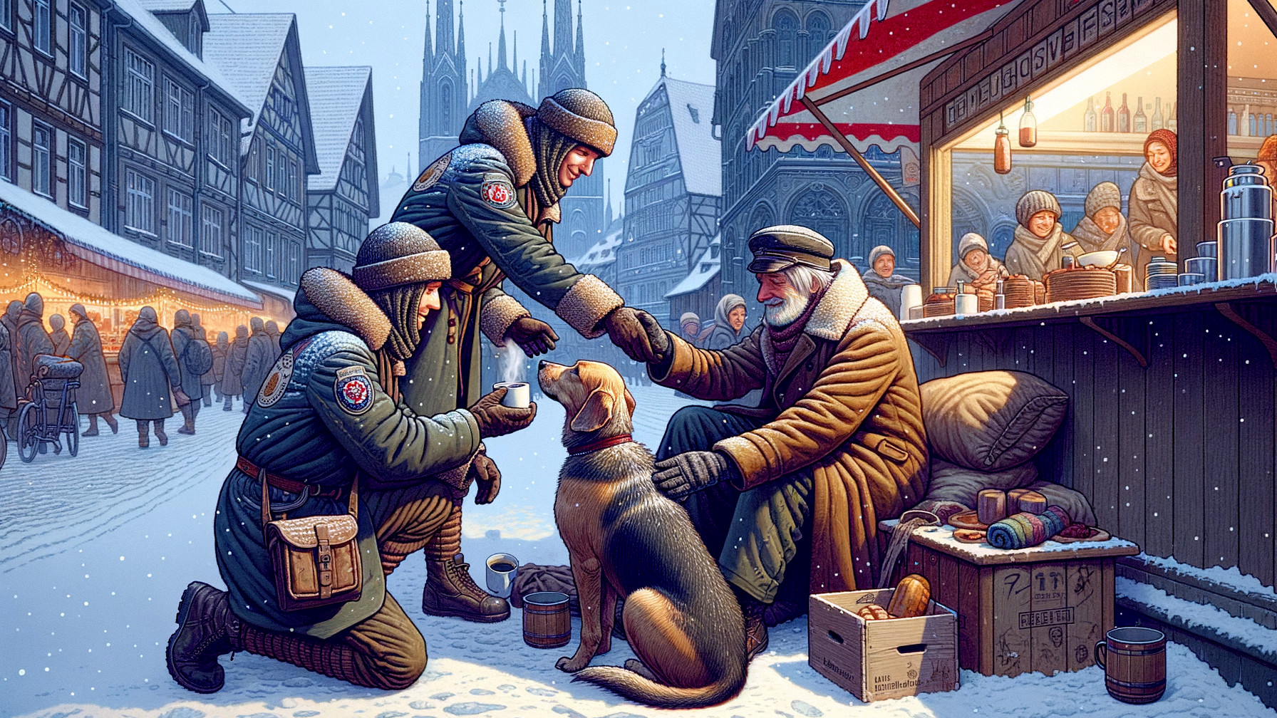 Soldiers and Dog in a Snowy Village Square Scene