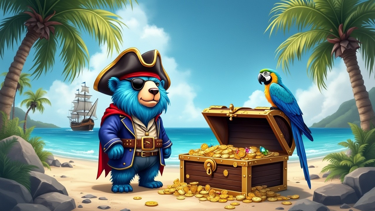 Cartoon Bear Pirate on Beach with Treasure Chest