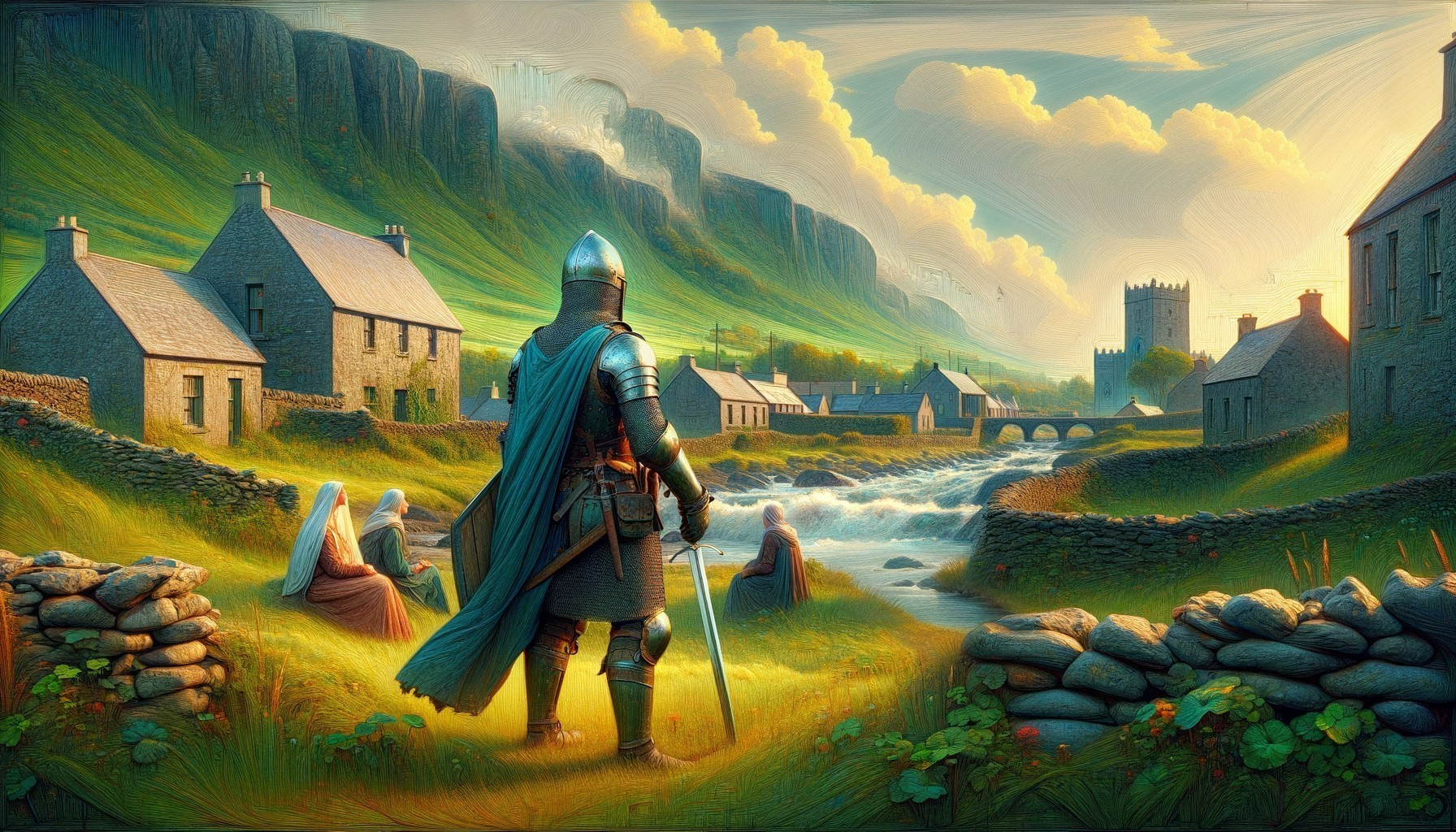 Knight Overlooking Tranquil Village and Scenic Landscape