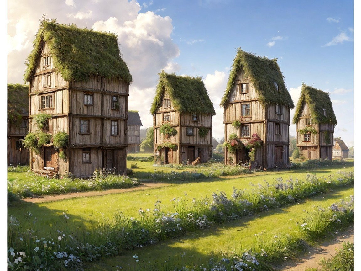 Serene Village Scene with Wooden Houses and Nature