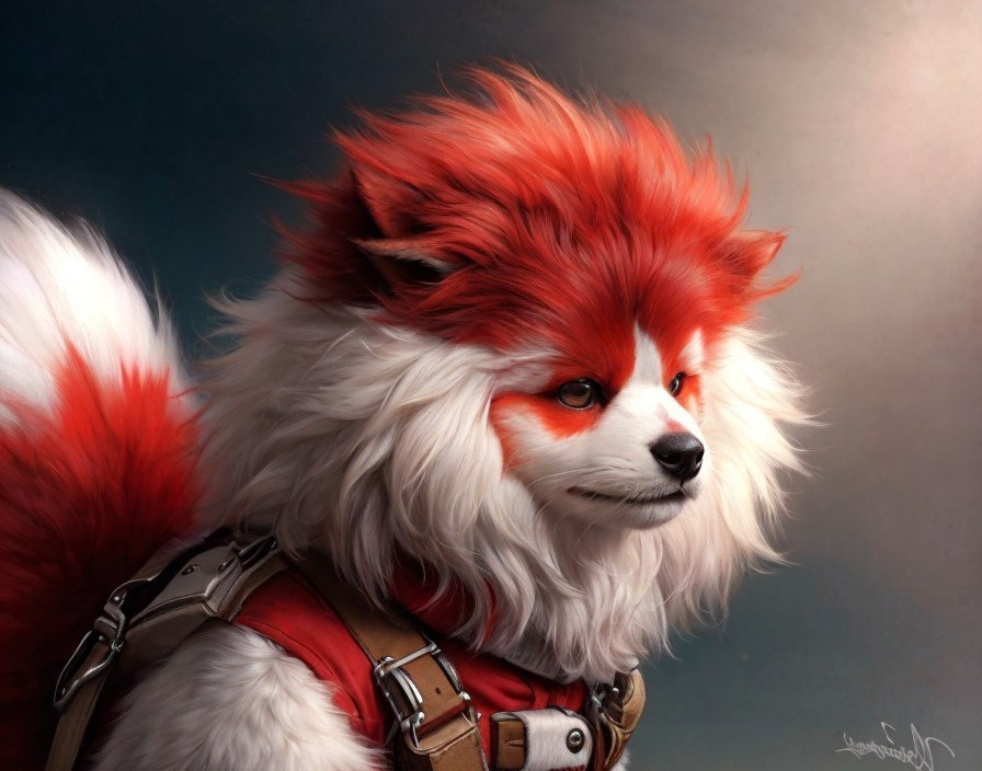 Whimsical Fluffy Dog with Red Fur and White Mane