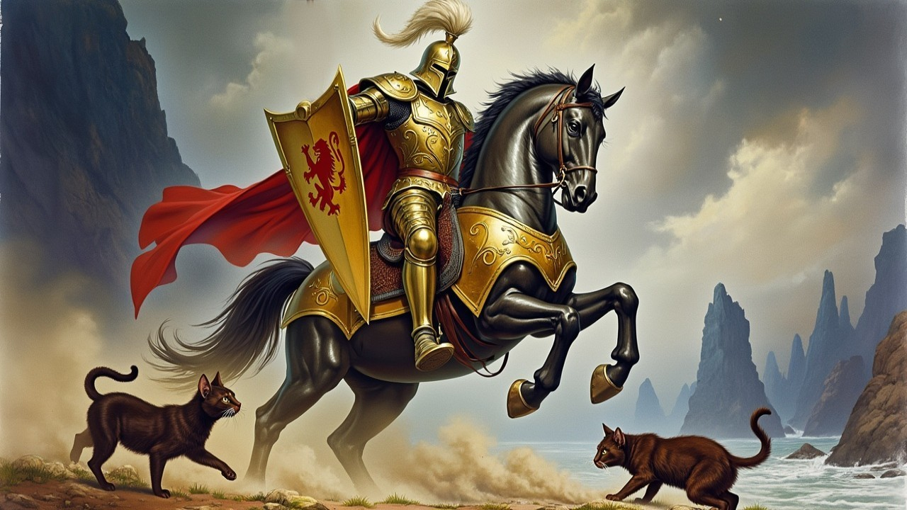 Knight in Golden Armor on Black Horse with Cats