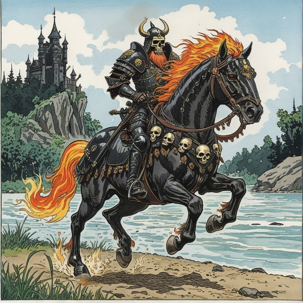 Fierce warrior in dark armor on a black horse