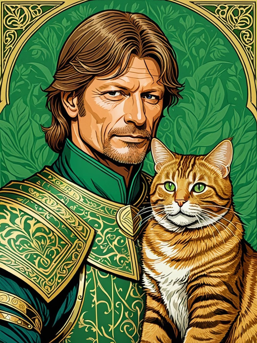Heroic figure in green armor with a golden-striped cat