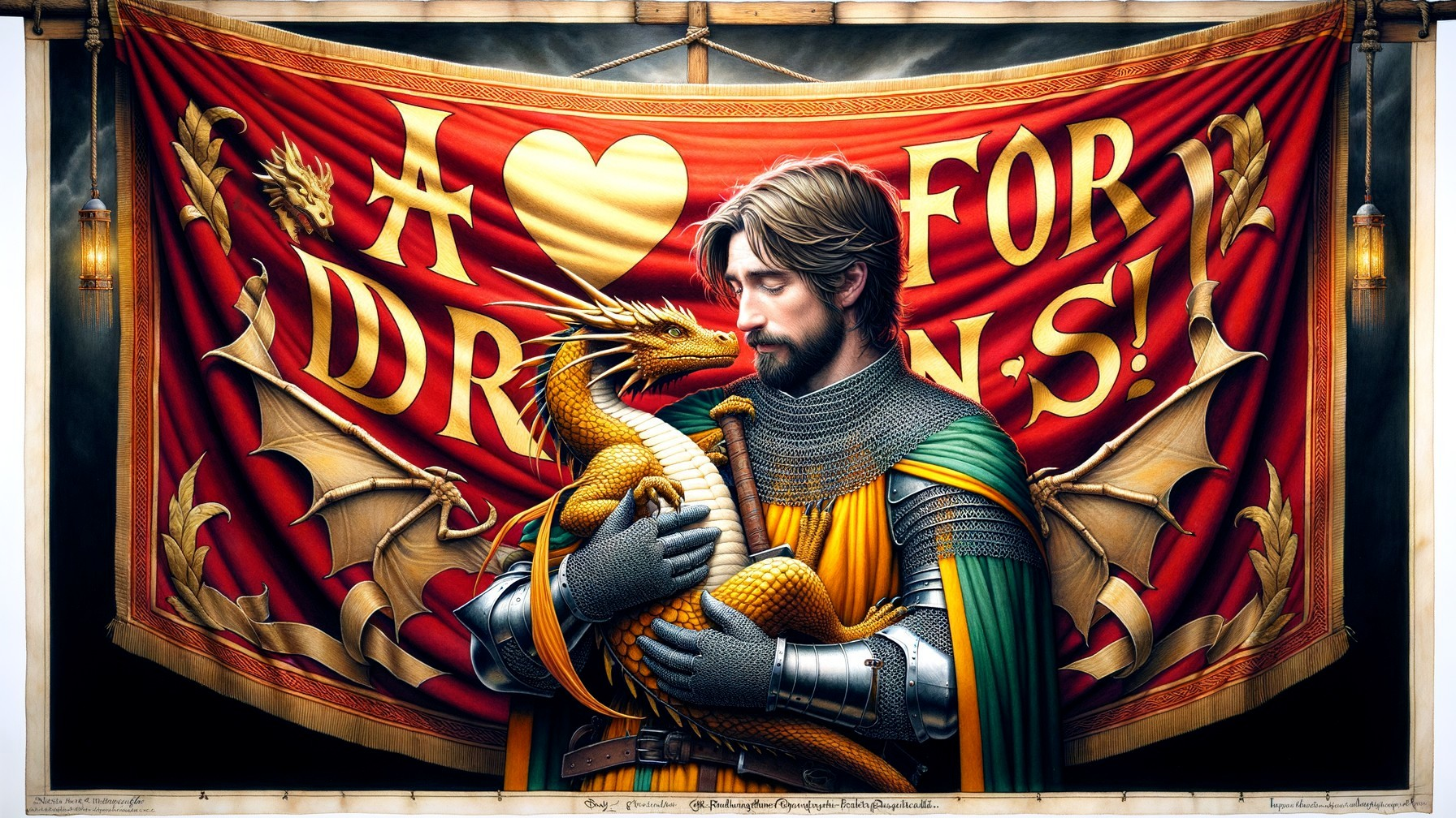 Knight with Dragon Against Vibrant Red Banner