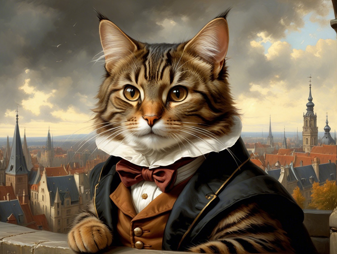 Regal Cat in Formal Attire Against City Skyline