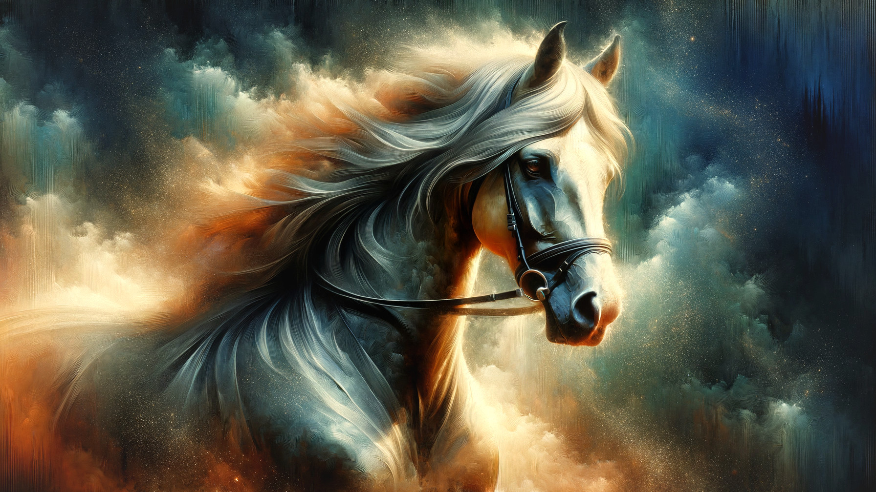 White horse against swirling blue and orange clouds