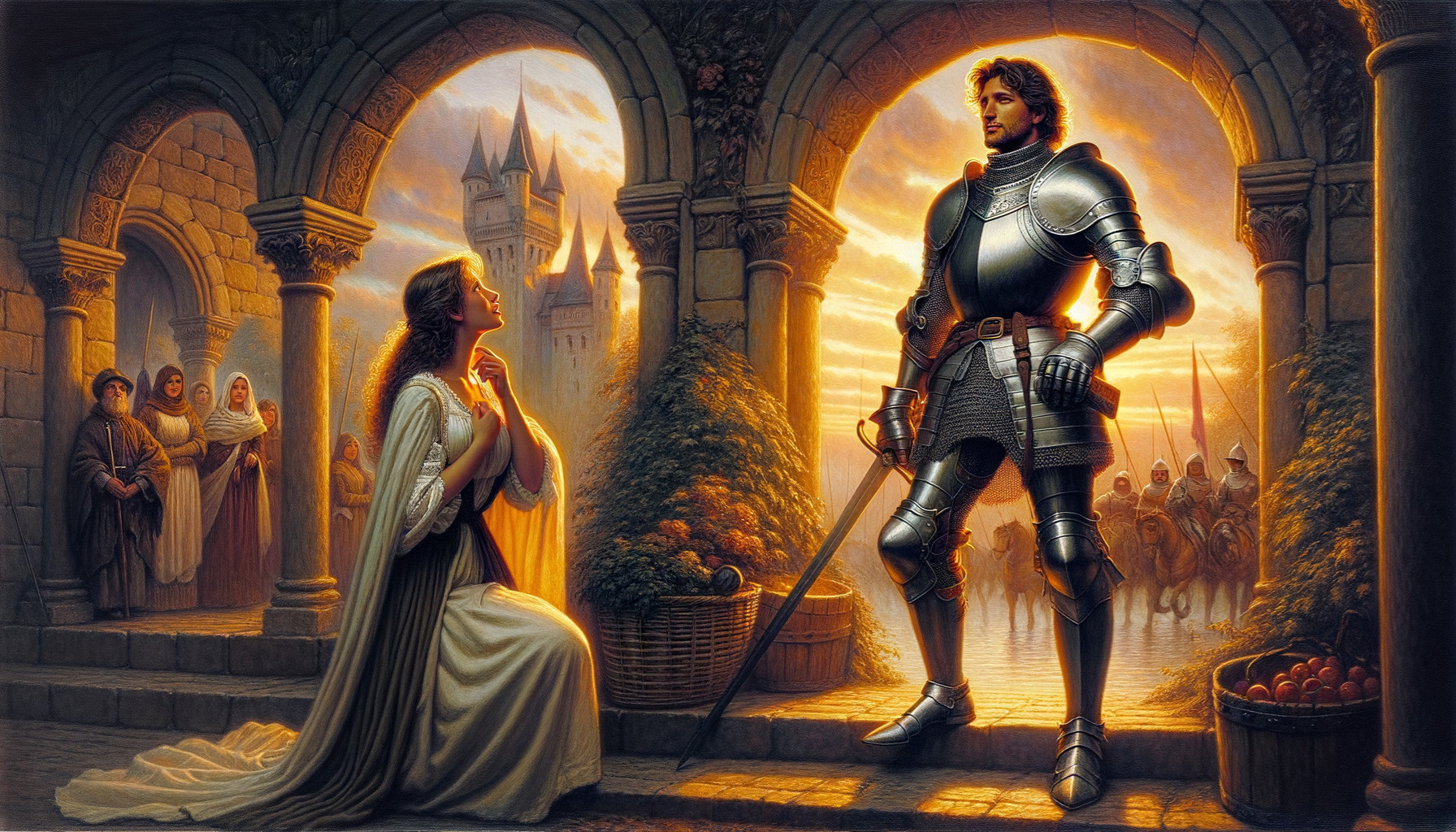 Knight and Woman in Romantic Sunset Castle Scene