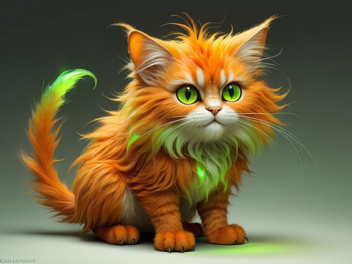 Fluffy Orange Cat with Green Eyes in Whimsical Setting