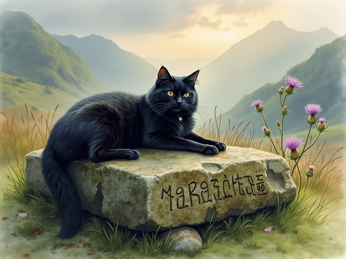 Black Cat on Engraved Stone in Mountain Landscape