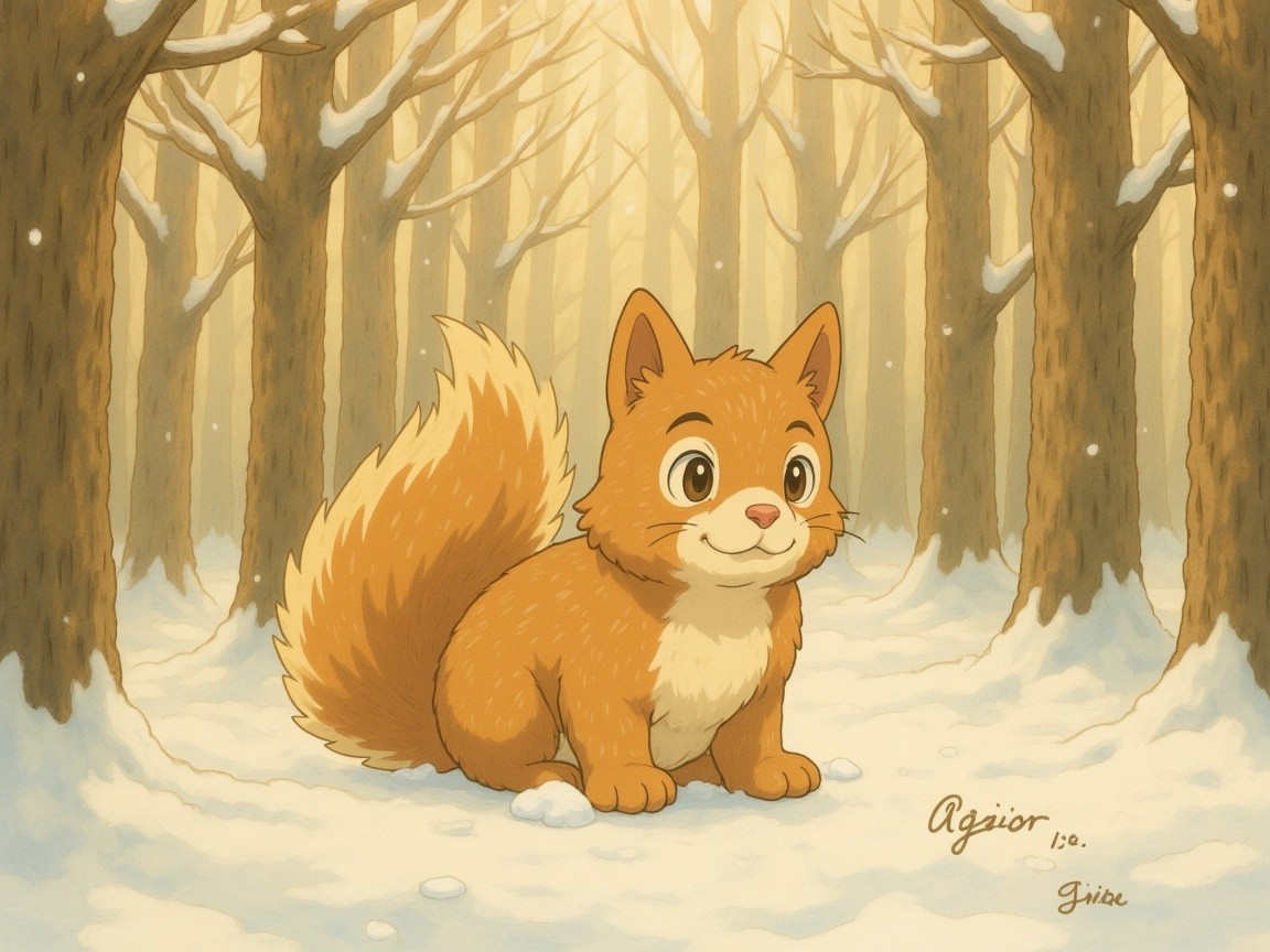 Cartoon Orange Fox in Snowy Forest Scene
