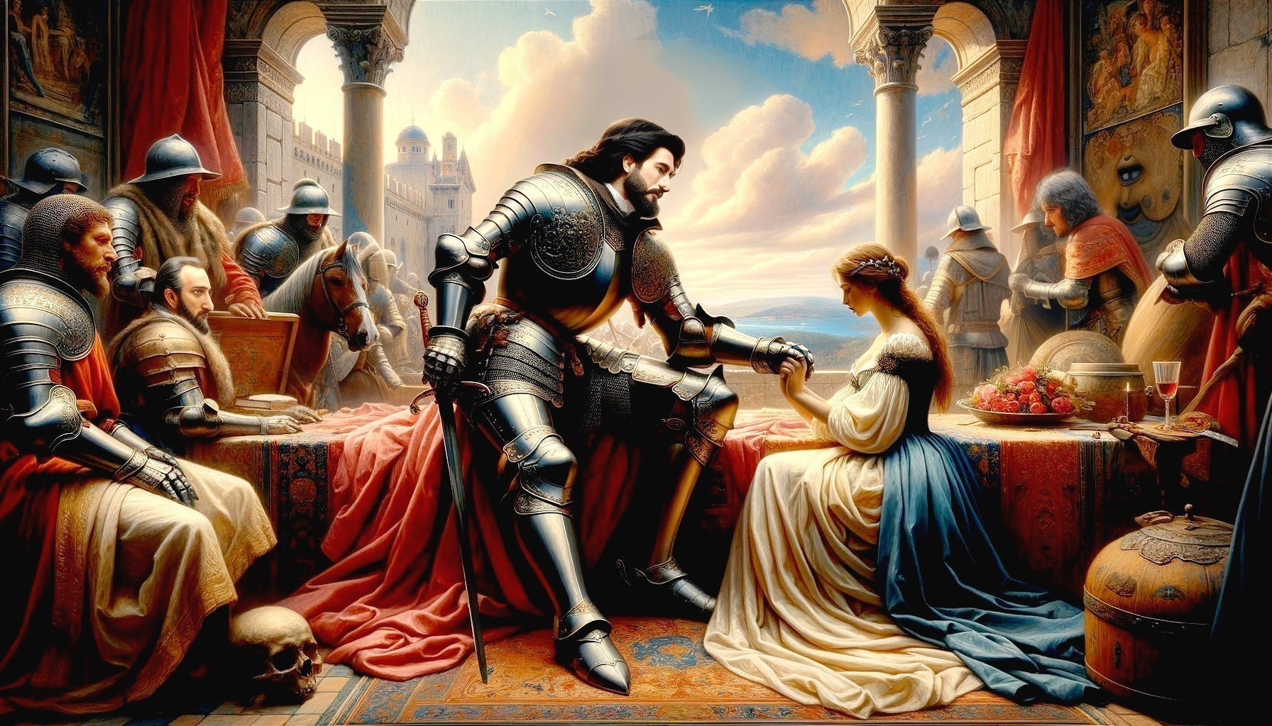 Medieval Knight and Lady in Opulent Banquet Scene