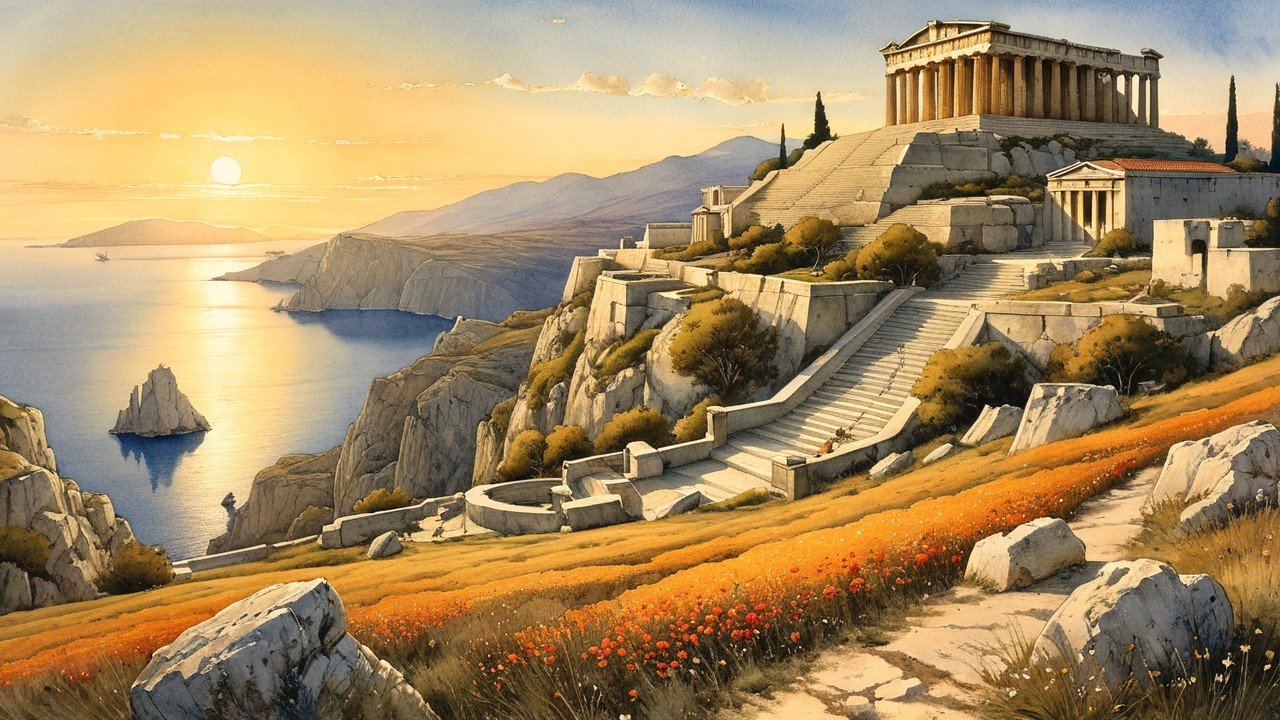 Ancient Temple at Sunset with Vibrant Wildflowers