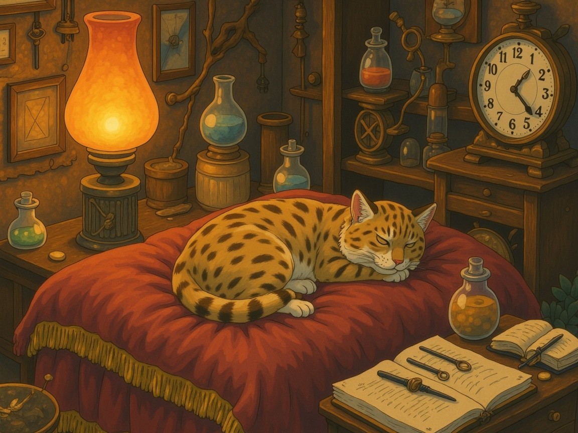 Cozy Room with Artifacts and a Sleeping Cat