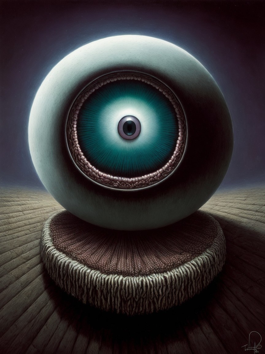 Surreal 3D Sphere with Eye Design and Dark Background