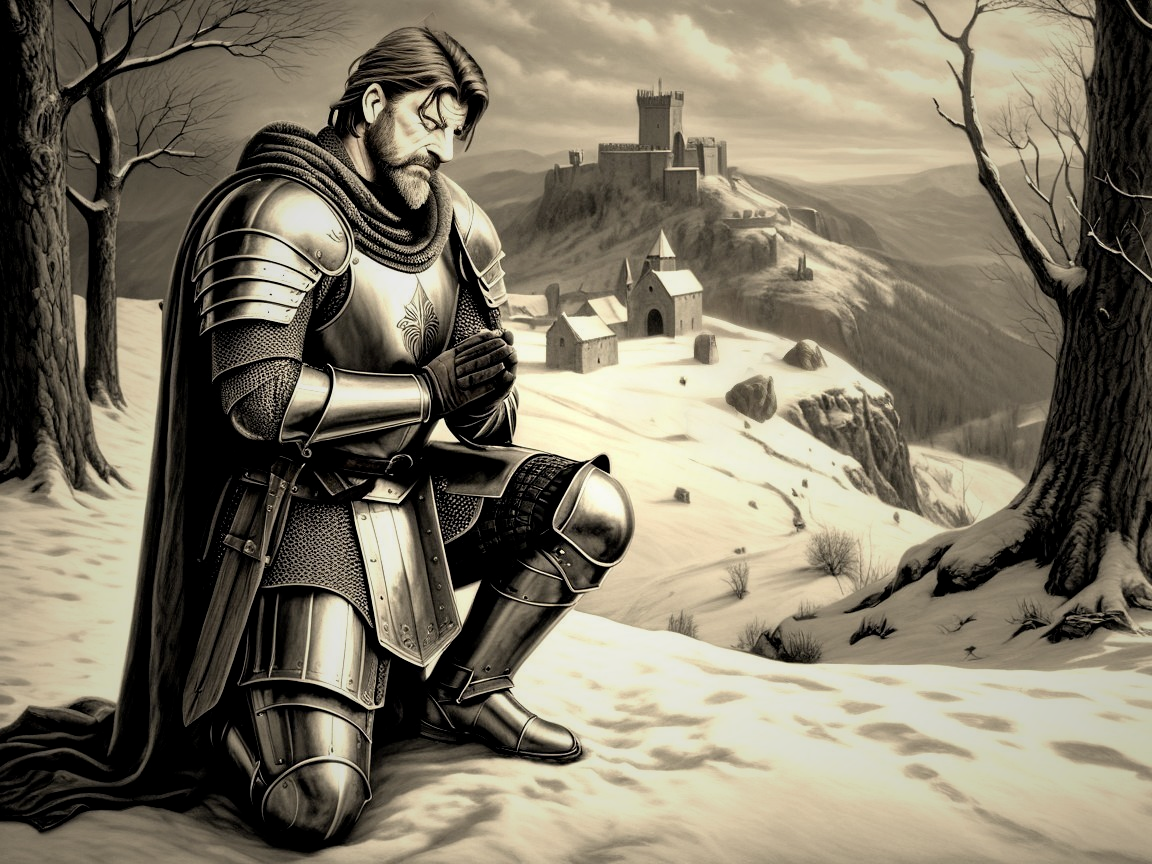 Noble Knight in Prayer Amidst Snowy Landscape