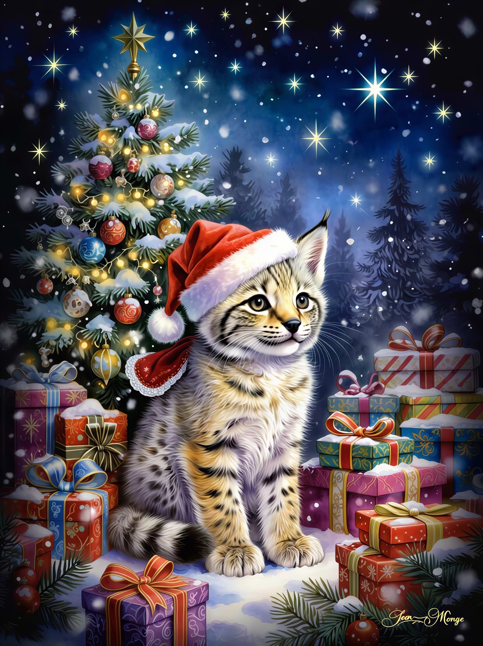 Lynx Kitten in Santa Hat Amid Christmas Decor