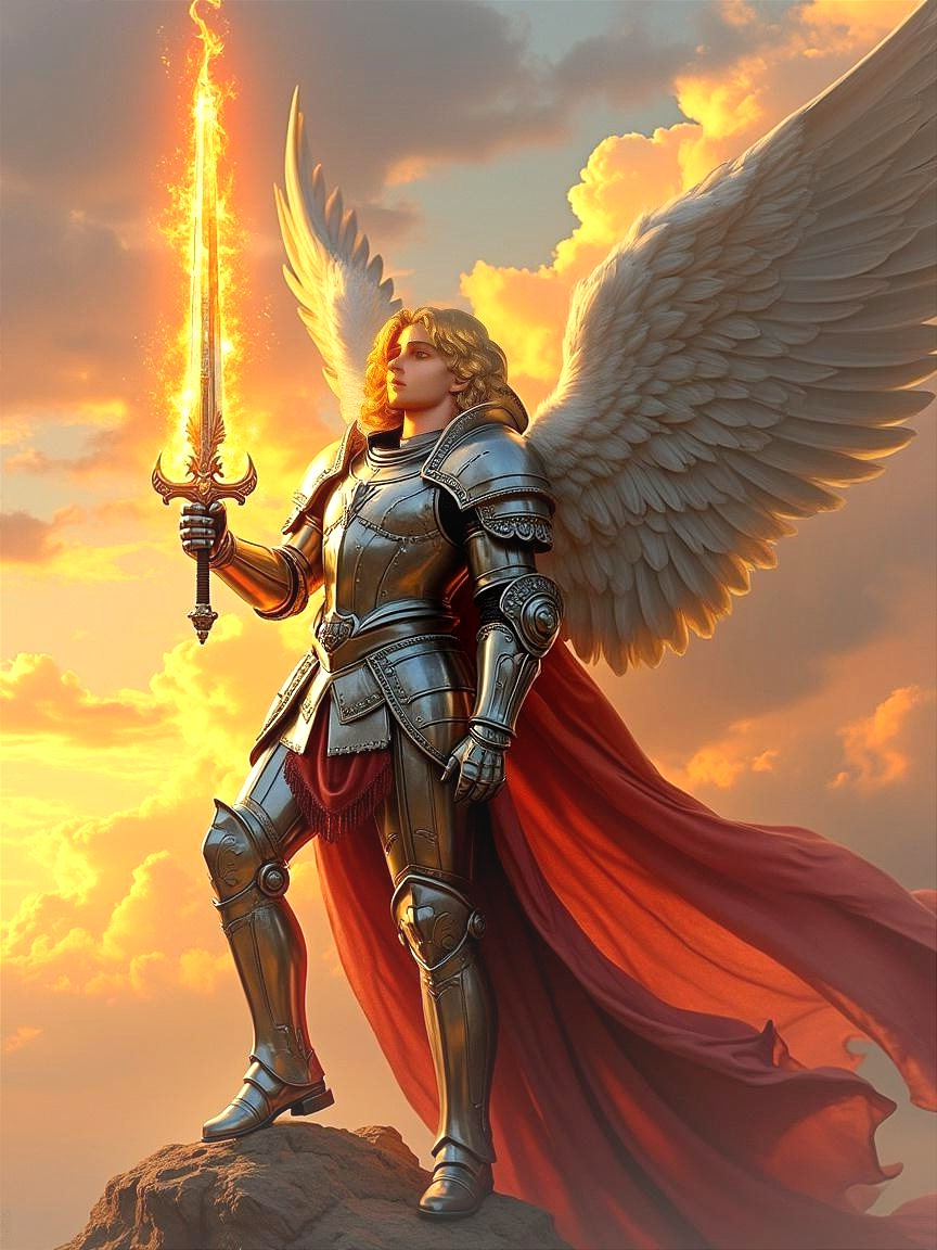 Majestic angel in armor with fiery wings on cliff
