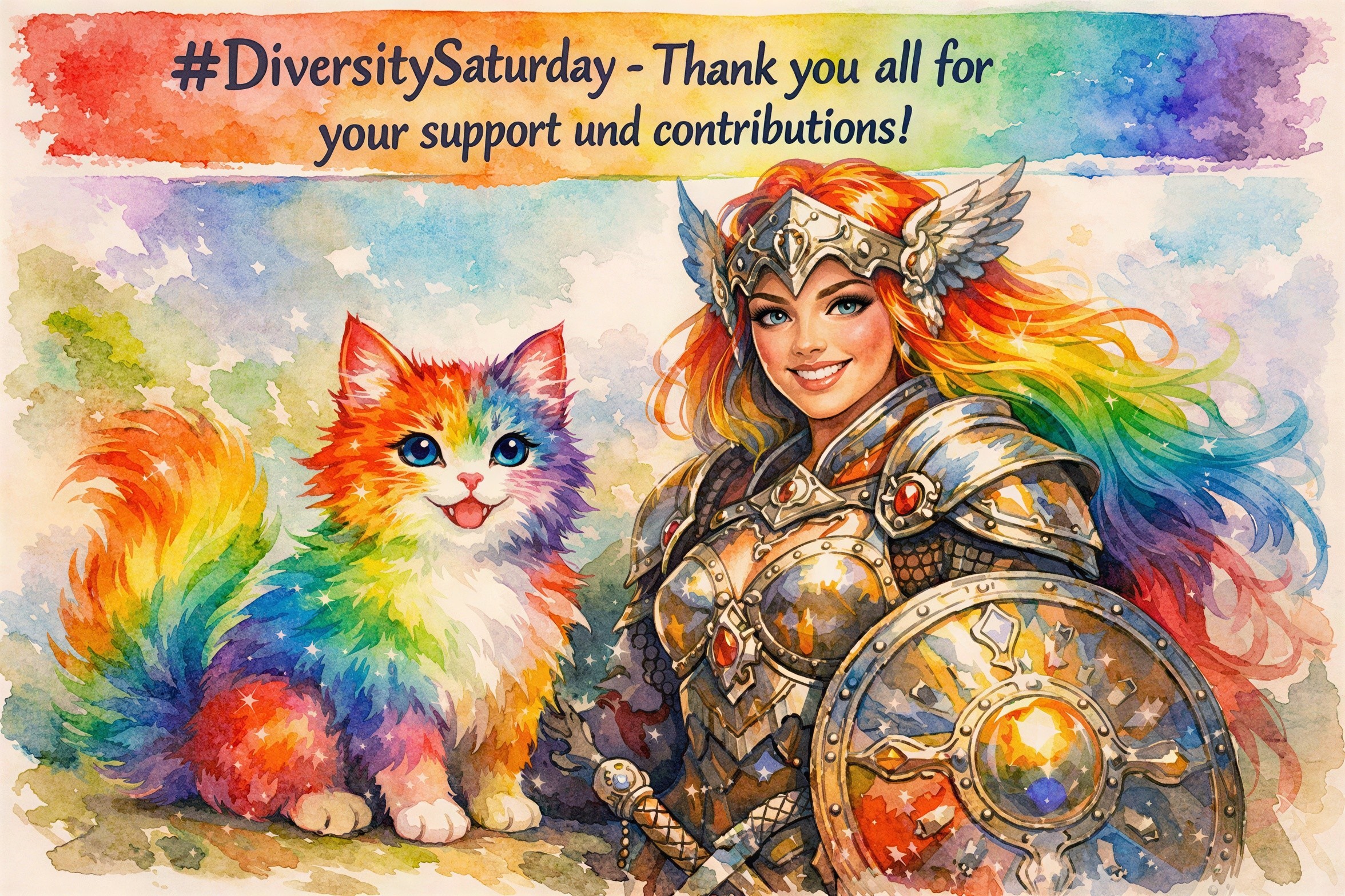 Watercolor Painting of Rainbow Cat and Valkyrie in Armor