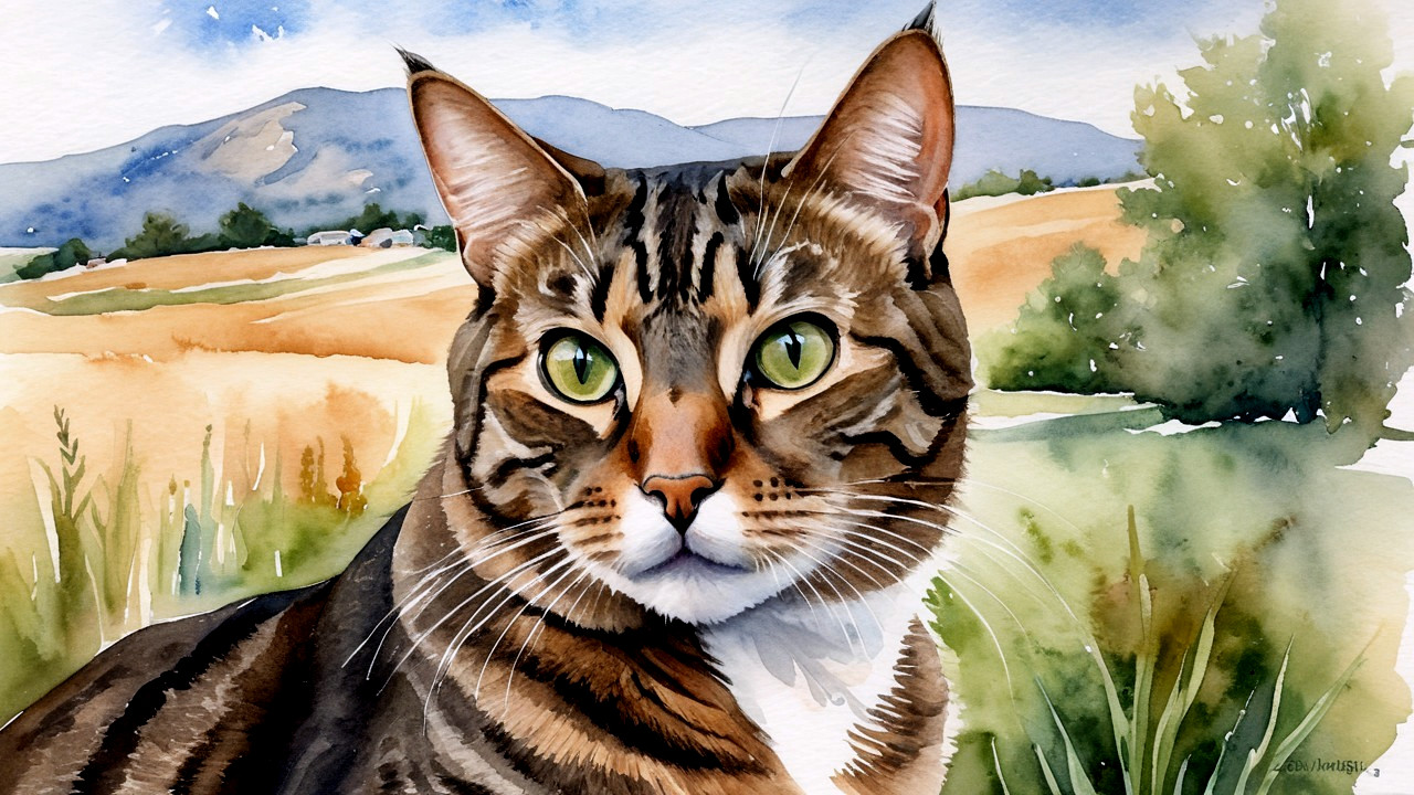 Watercolor Painting of a Tabby Cat in Scenic Landscape