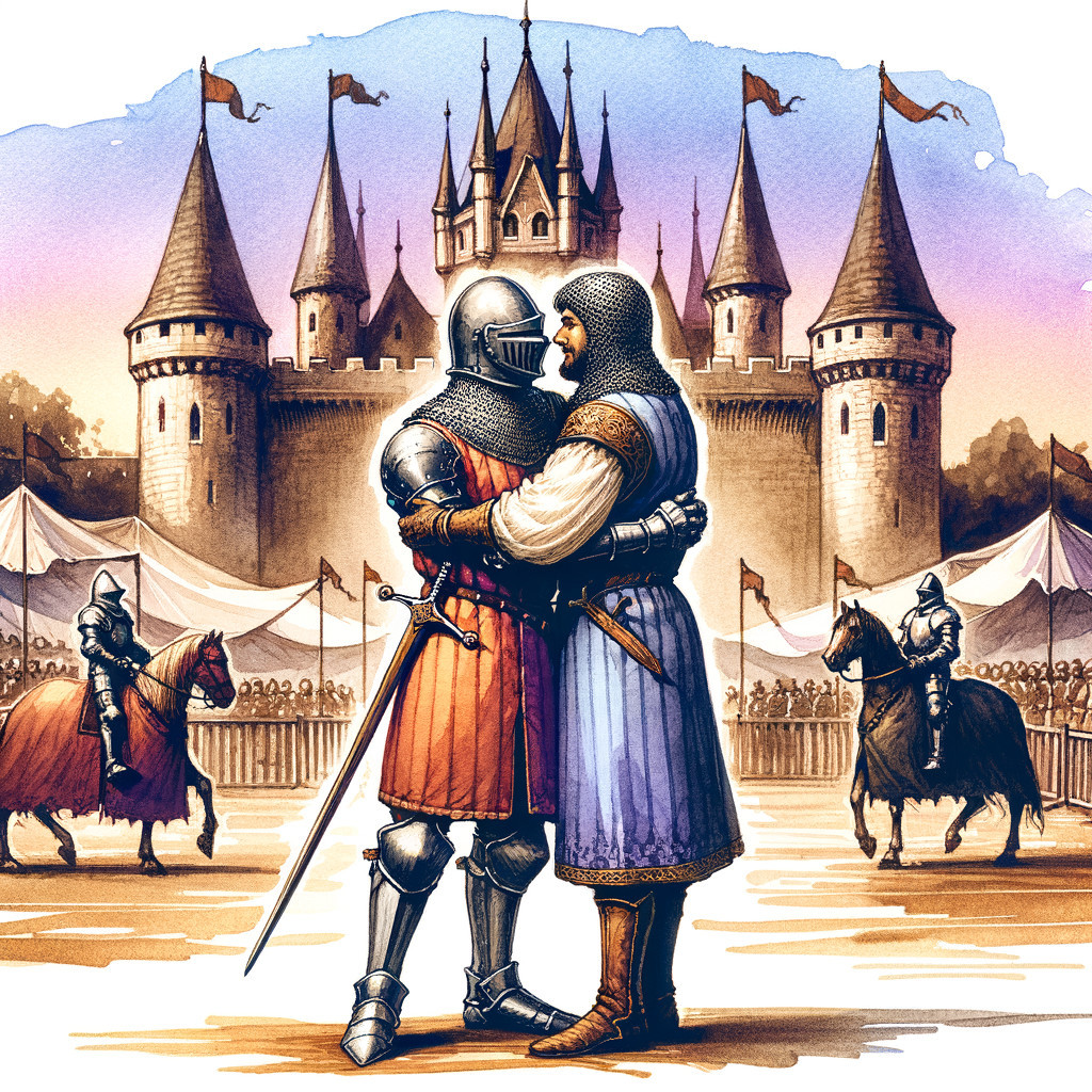 Knights Embracing at a Festive Medieval Tournament