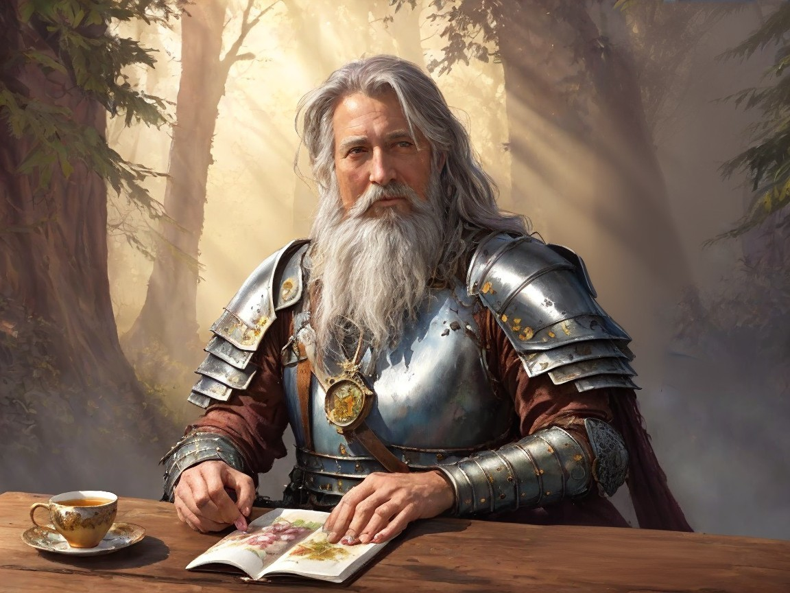 Elderly warrior in silver armor studies floral notebook