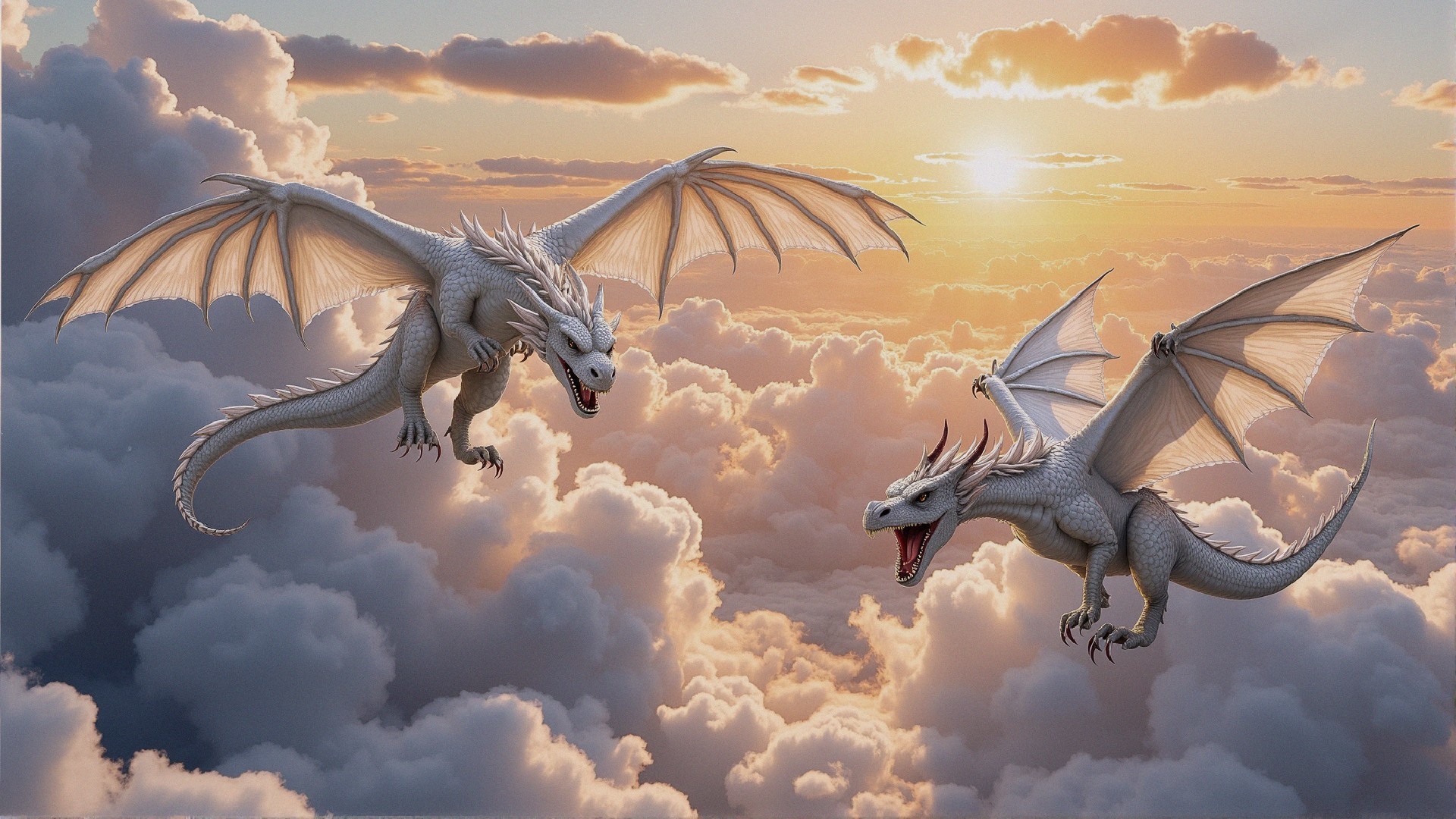 Dragons Soaring Above Clouds at Sunset