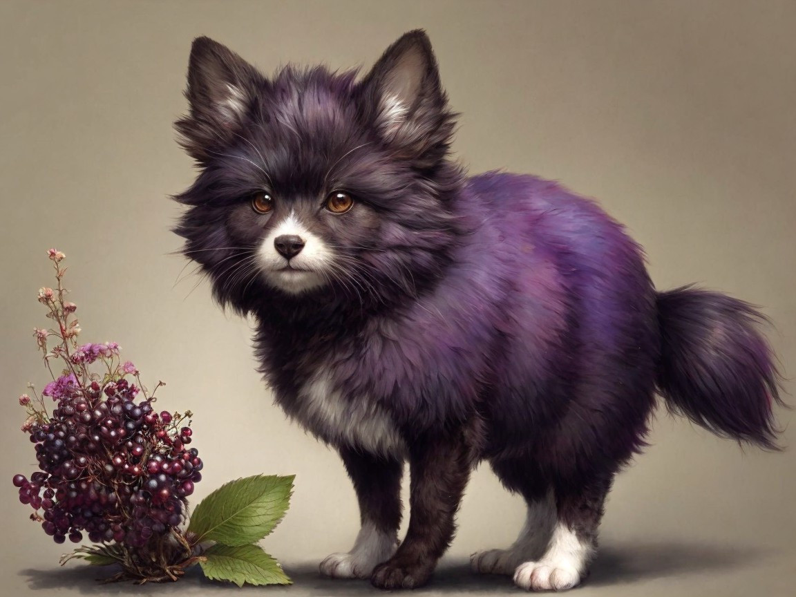 Fluffy purple and black dog with berries and leaves