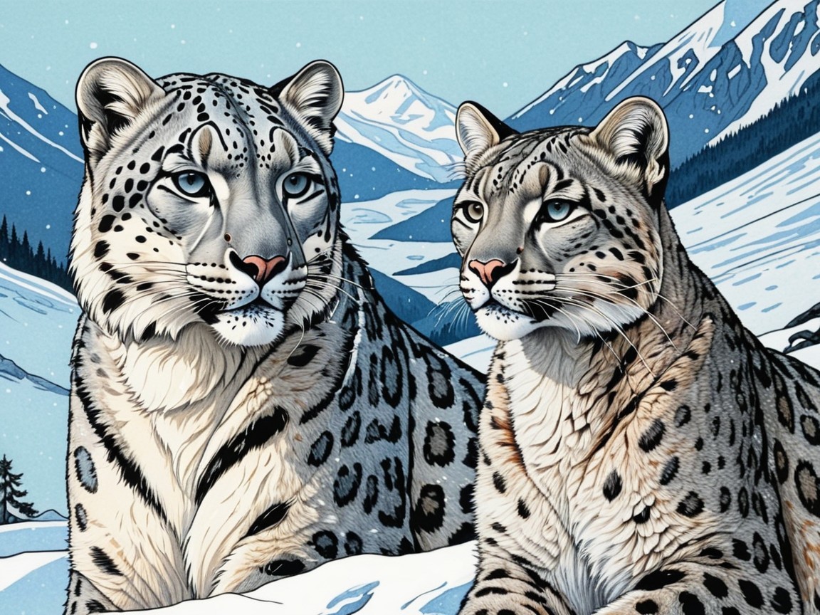 Snow Leopards on a Snowy Mountain Slope