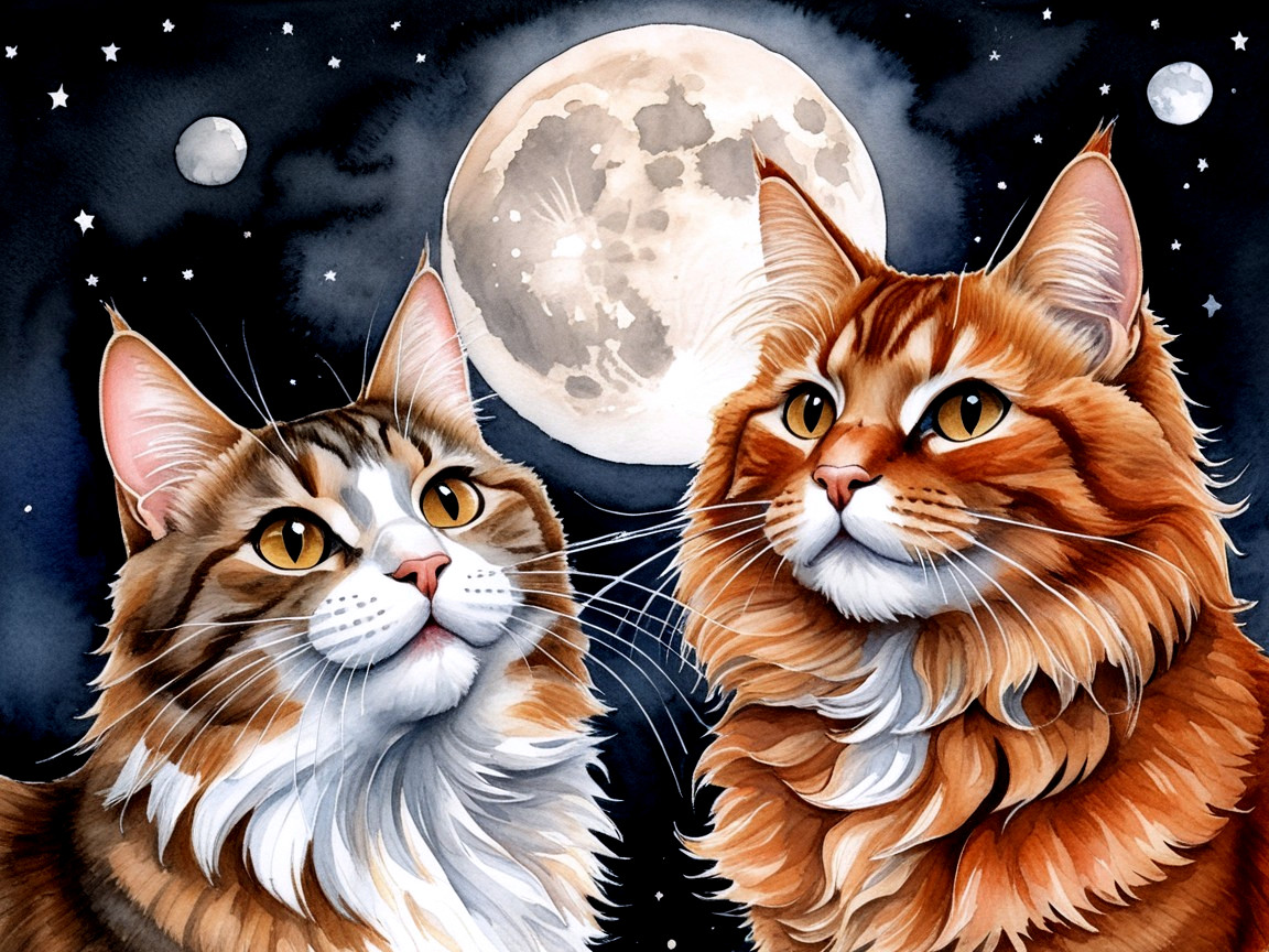 Majestic Cats Under a Starry Night Sky with Moon