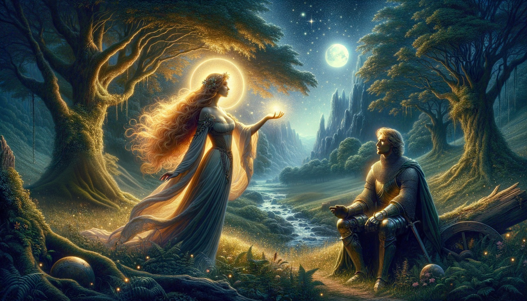 Radiant Woman and Knight in Mystical Forest Scene