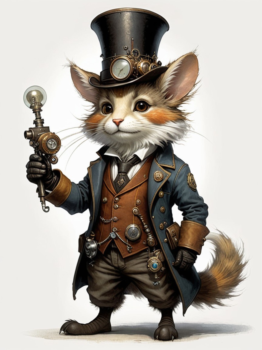 Steampunk-Inspired Feline Character Description