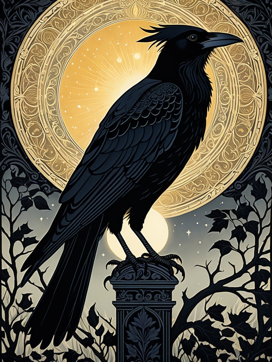 Raven Silhouette on Ornate Column with Golden Sun